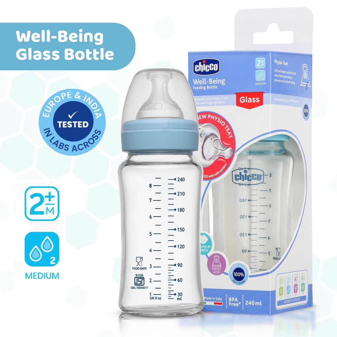 Well Being Glass Feeding Bottle 240ml  Blue Medium Flow 2M+