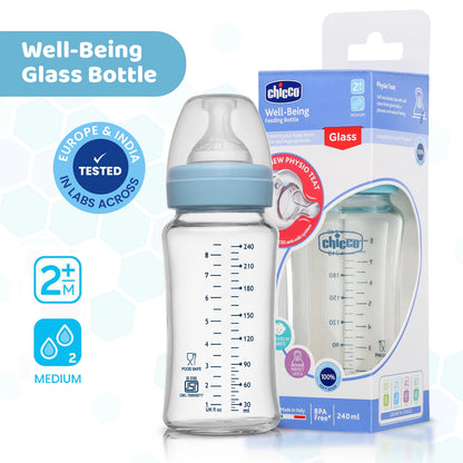 Well Being Glass Feeding Bottle 240ml  Blue Medium Flow 2M+