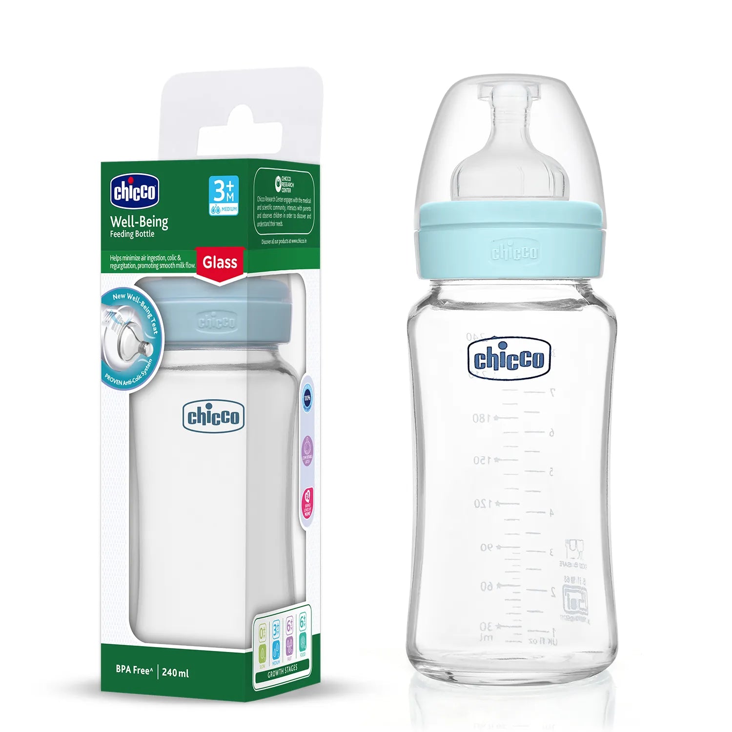 Well Being Glass Feeding Bottle 240ml Blue Medium Flow 3M+