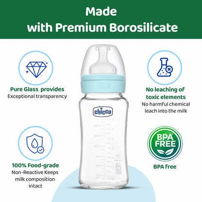 Well Being Glass Feeding Bottle 240ml Blue Medium Flow 3M+