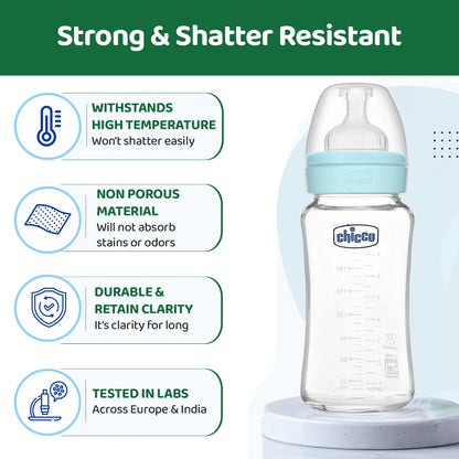 Well Being Glass Feeding Bottle 240ml Blue Medium Flow 3M+