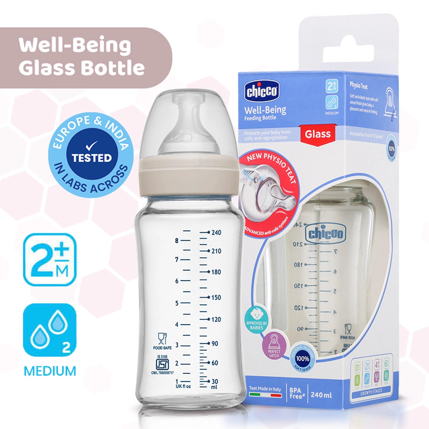 Well Being Glass Feeding Bottle 240ml Neutral Medium Flow 2M+