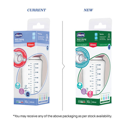 Well Being Glass Feeding Bottle 240ml  Pink Medium Flow 2M+