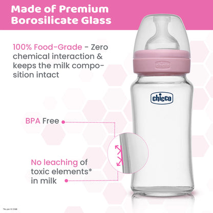 Well Being Glass Feeding Bottle 240ml  Pink Medium Flow 2M+
