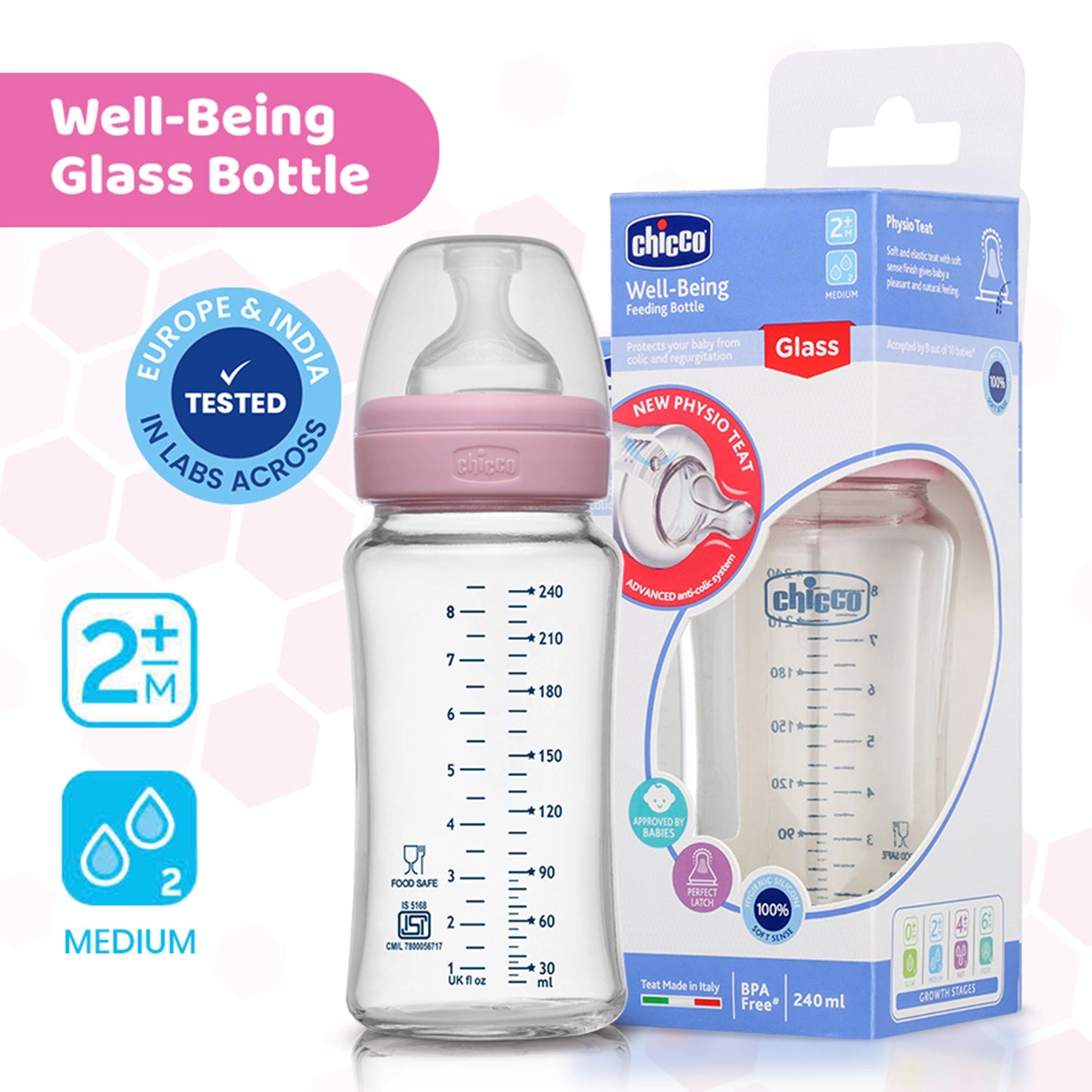 Well Being Glass Feeding Bottle 240ml  Pink Medium Flow 2M+