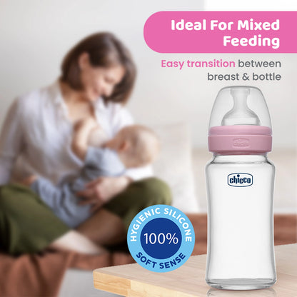 Well Being Glass Feeding Bottle 240ml  Pink Medium Flow 2M+