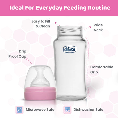 Well Being Glass Feeding Bottle 240ml  Pink Medium Flow 2M+