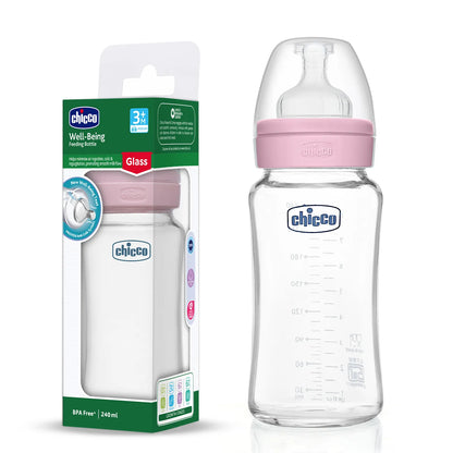 Well Being Glass Feeding Bottle 240ml Pink Medium Flow 3M+