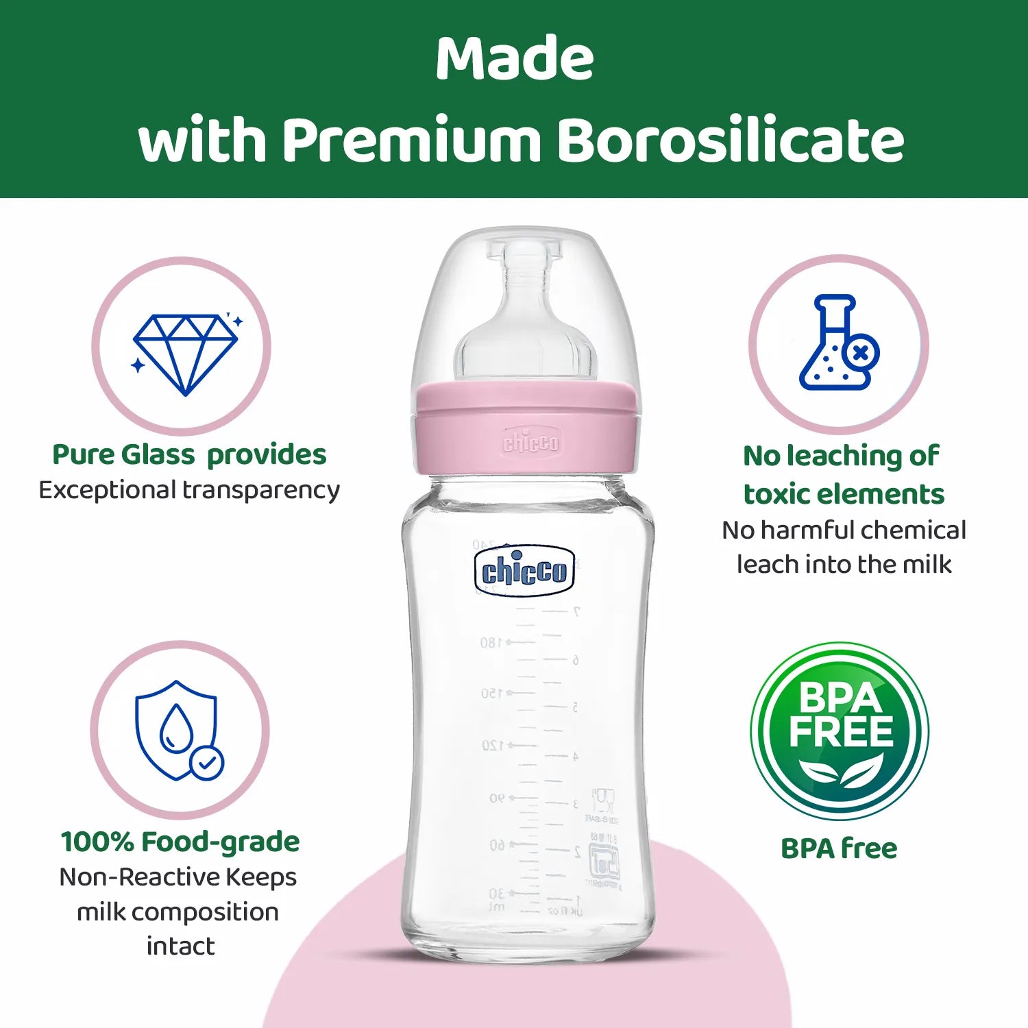 Well Being Glass Feeding Bottle 240ml Pink Medium Flow 3M+