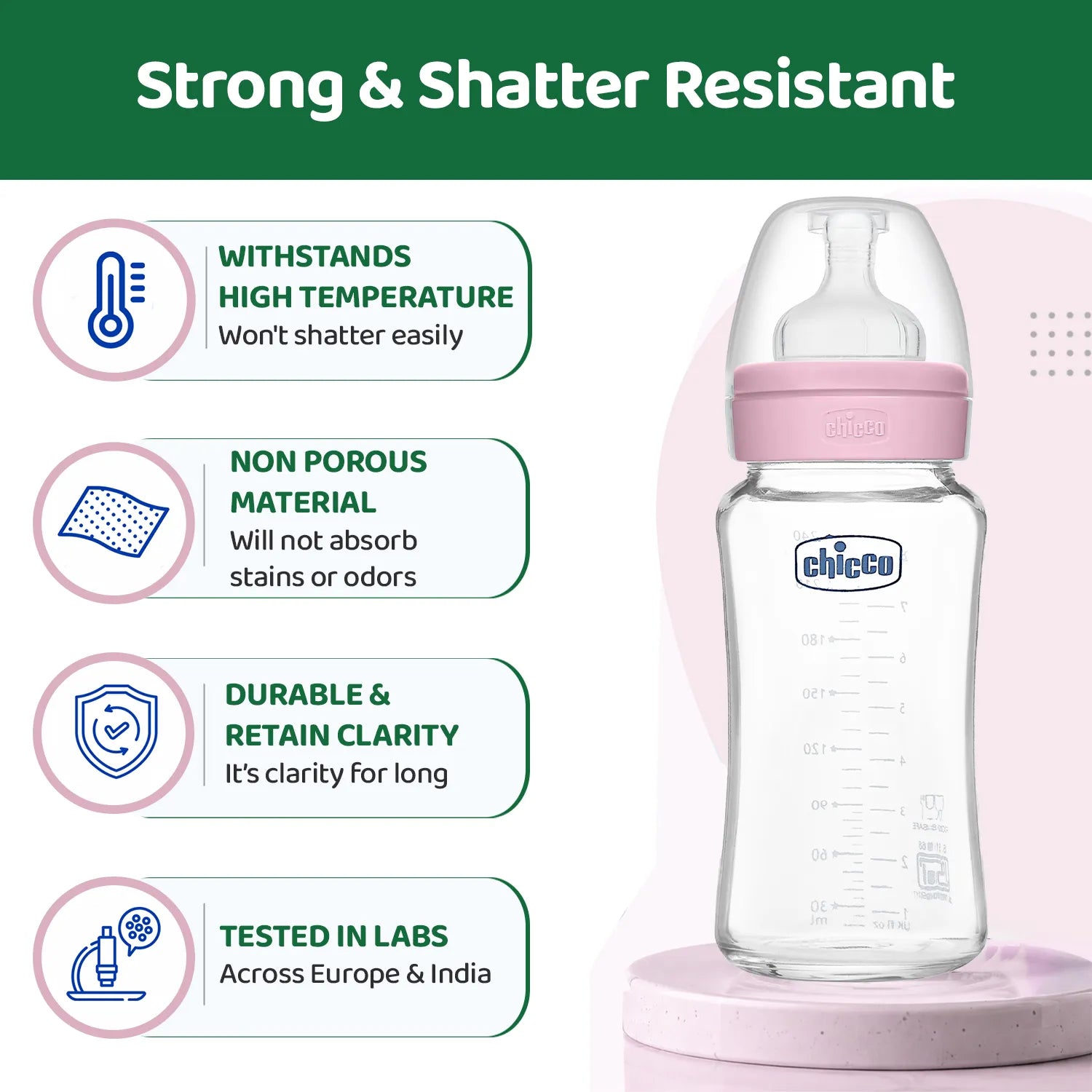 Well Being Glass Feeding Bottle 240ml Pink Medium Flow 3M+
