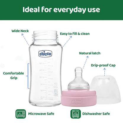 Well Being Glass Feeding Bottle 240ml Pink Medium Flow 3M+