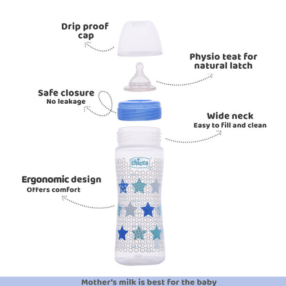 Well Being Medium Flow Baby Bottle 250ml 2M+ Blue
