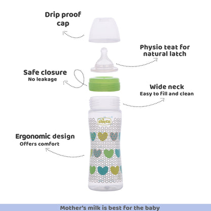 Well Being Medium Flow Baby Bottle 250ml  2M+ Green