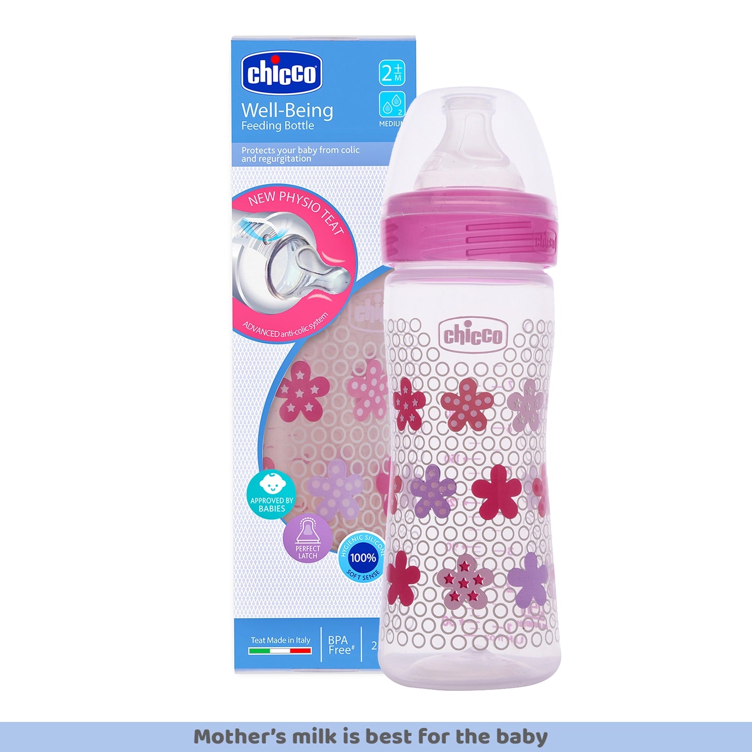 Well Being Medium Flow Baby Bottle 250ml 2M+ Pink