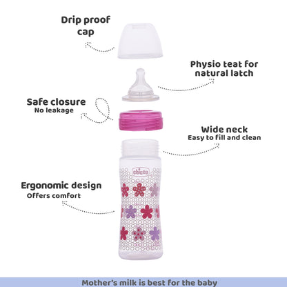 Well Being Medium Flow Baby Bottle 250ml 2M+ Pink