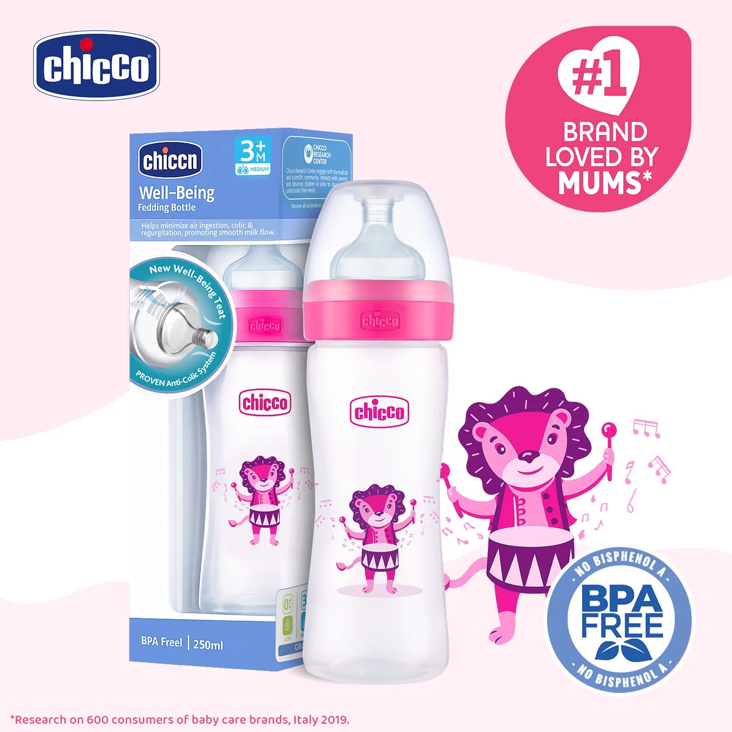Well Being PP Medium Flow Feeding Bottle Jungle Music 250ml 3M+ Pink