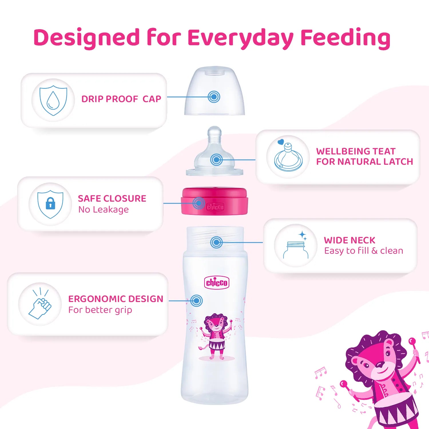 Well Being PP Medium Flow Feeding Bottle Jungle Music 250ml 3M+ Pink