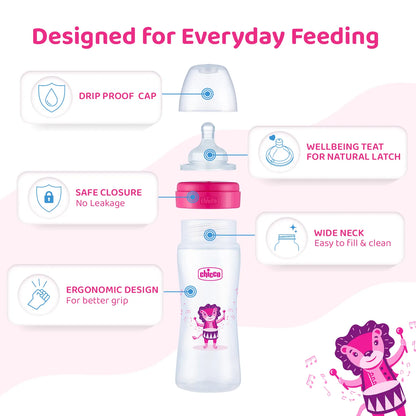 Well Being PP Medium Flow Feeding Bottle Jungle Music 250ml 3M+ Pink