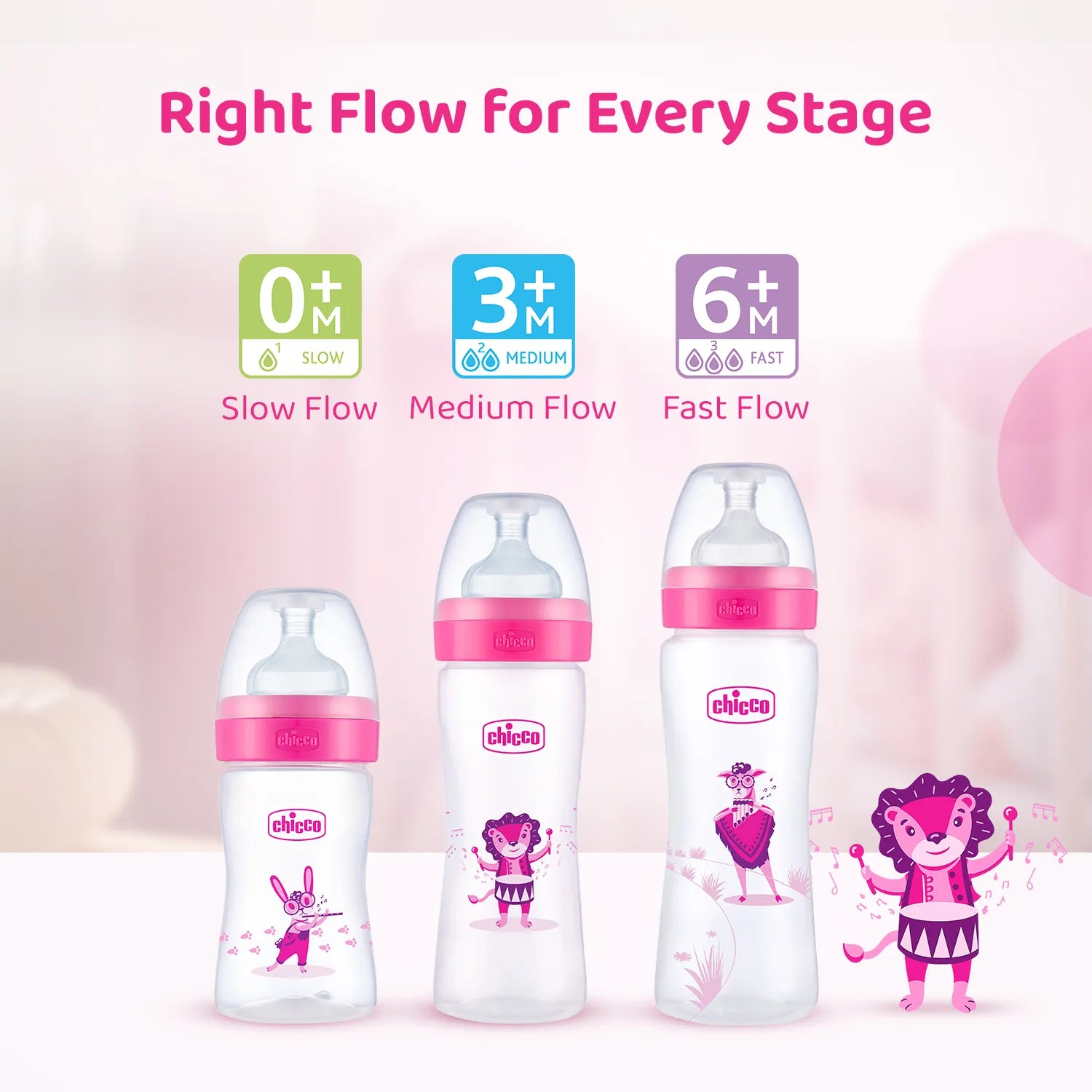 Well Being PP Medium Flow Feeding Bottle Jungle Music 250ml 3M+ Pink