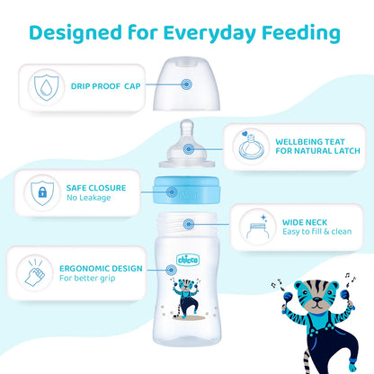 Well Being PP Slow Flow Feeding Bottle Jungle Music 150ml 0M+ Blue