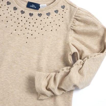 Girls Beige Embellished Stretch Rib Top