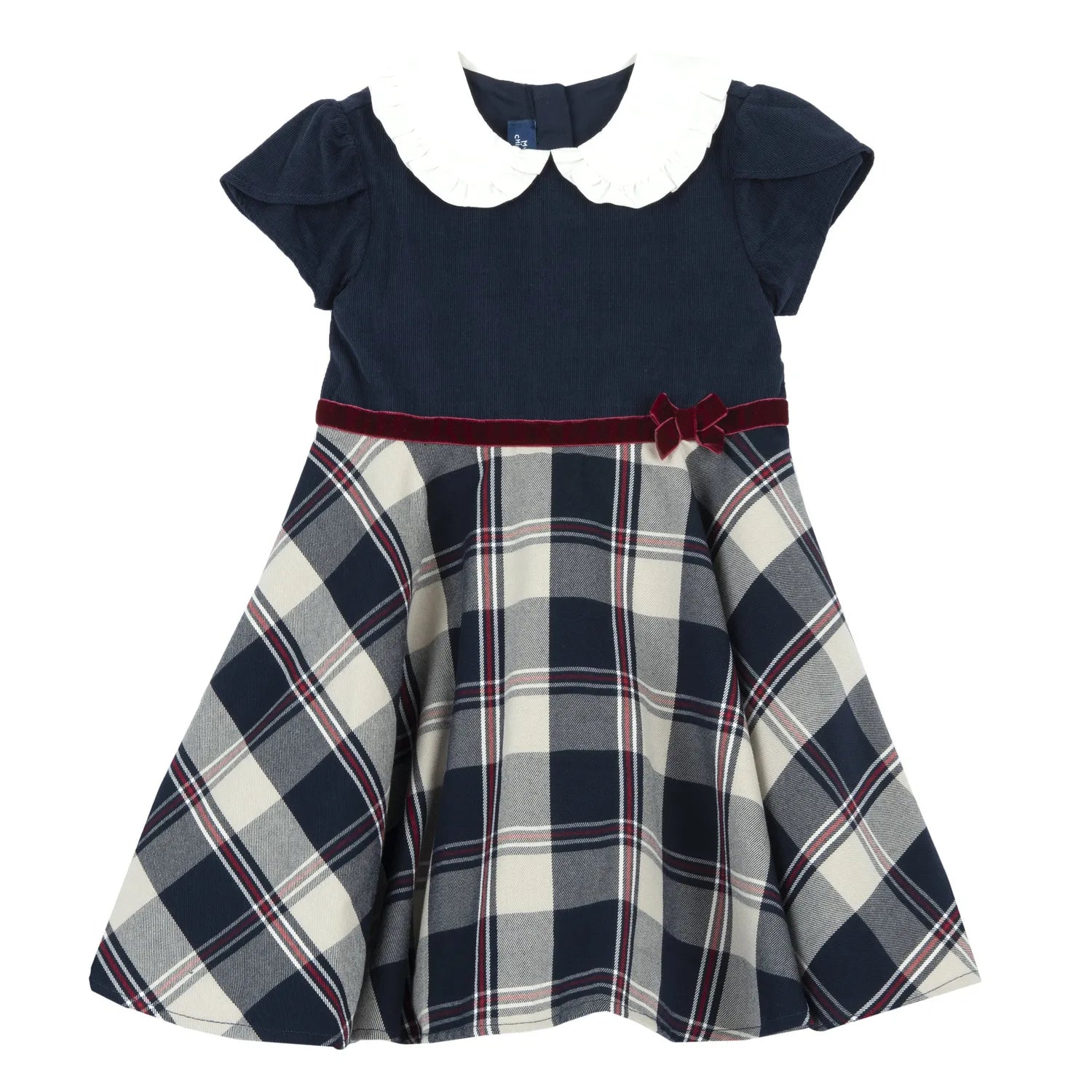 Girls Dark Blue Checked Short Sleeve Dress