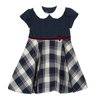 Girls Dark Blue Checked Short Sleeve Dress