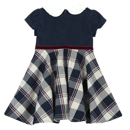 Girls Dark Blue Checked Short Sleeve Dress
