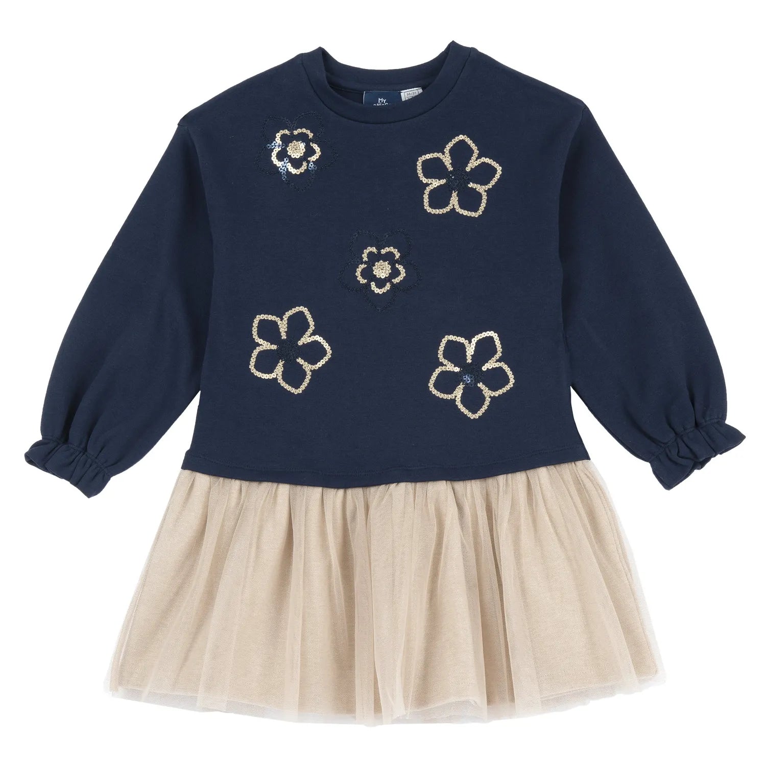 Girls Dark Blue Embellished Long Sleeve Dress