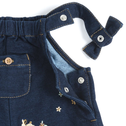 Girls Dark Blue Embroidered Long Dungaree