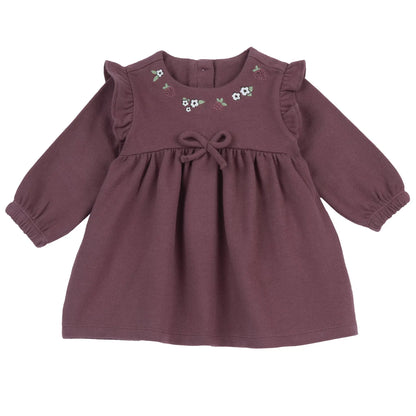 Girls Dark Pink Embroidered Long Sleeve Dress