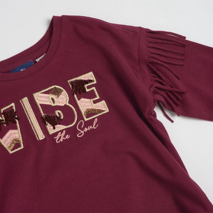 Girls Dark Pink Self Design Long Sleeve T-shirt