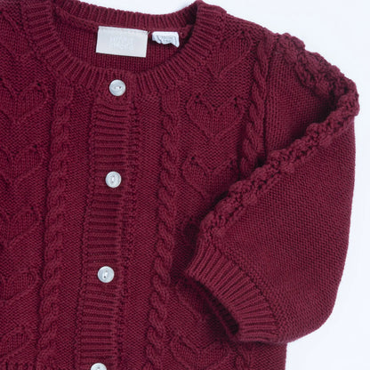Girls Dark Red Self Design Cardigan