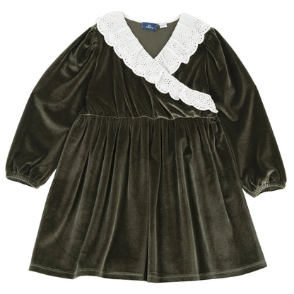 Girls Green Solid Velvet Dress