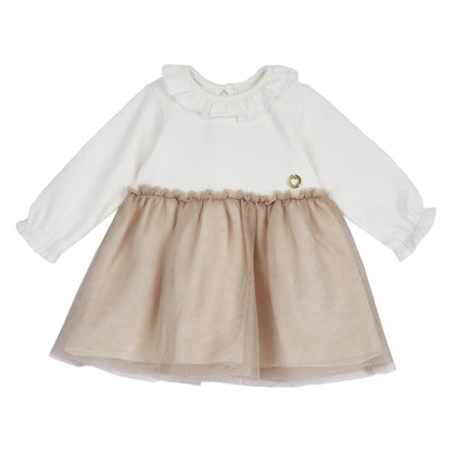 Girls Light Natural Colorblocked Long Sleeve Dress