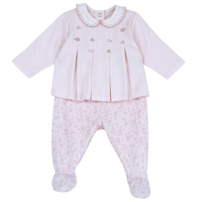Girls Light Pink Floral Embroidered Smock with Legging