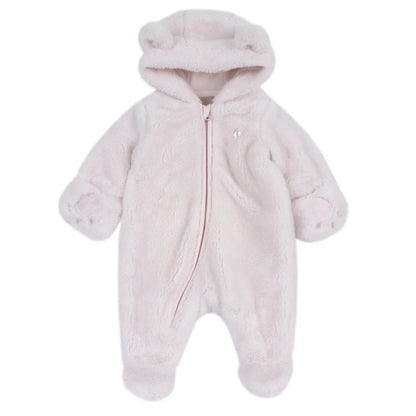 Girls Light Pink Solid Fur Front Opening Babysuit