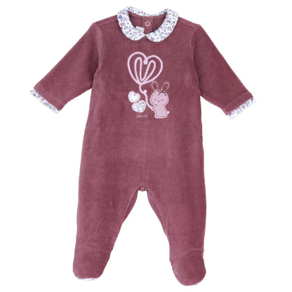 Girls Maroon Embroidered Velour Nappy Opening Babysuit