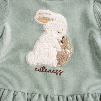 Girls Medium Green Applique Long Sleeve Dress