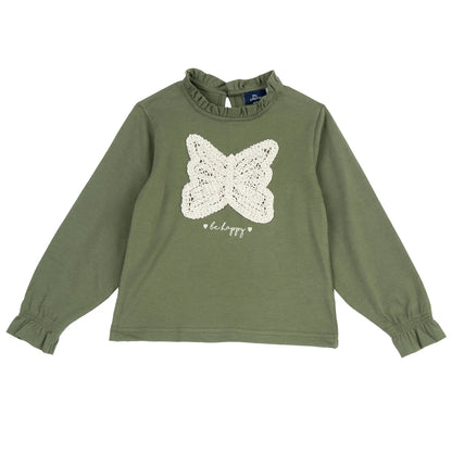 Girls Medium Green Embroidered Long Sleeve Top