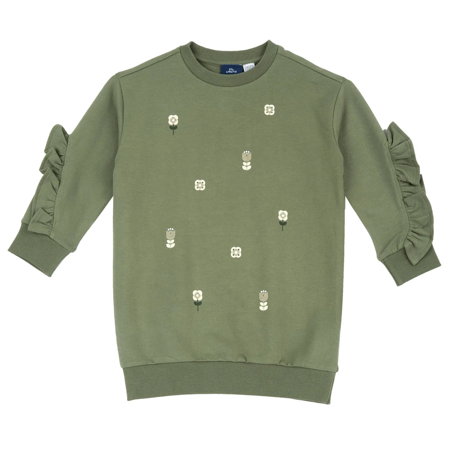 Girls Medium Green Printed Round Neck Dress