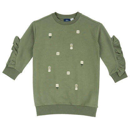 Girls Medium Green Printed Round Neck Dress