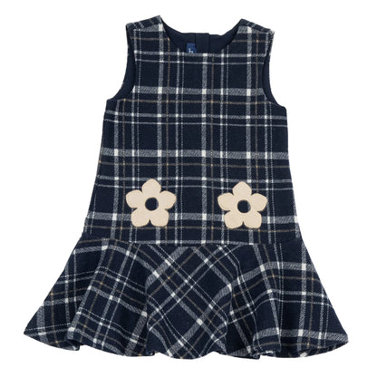 Girls Navy Blue Checked Sleeveless Dress