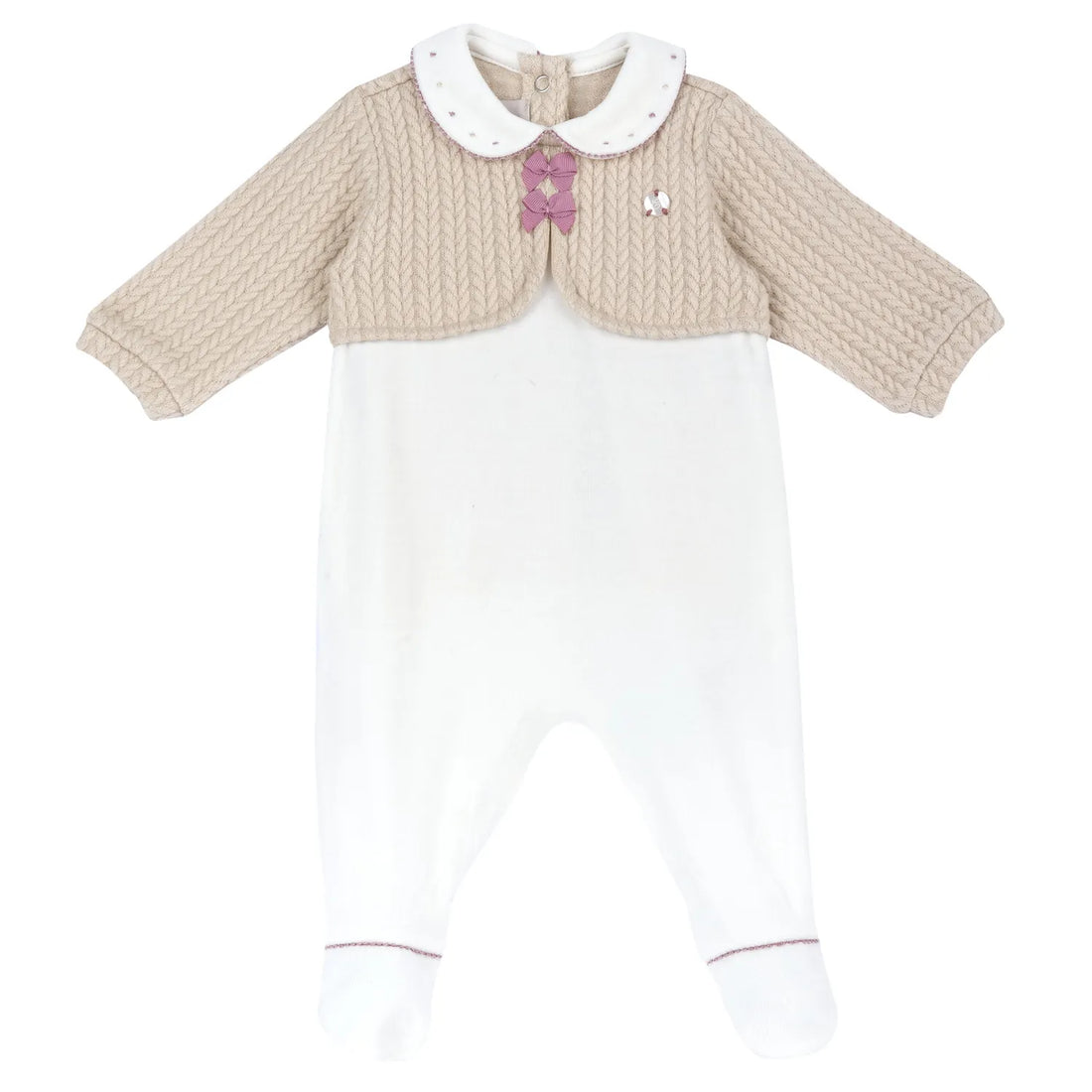 Girls White &amp; Beige Embellished Nappy Opening Babysuit