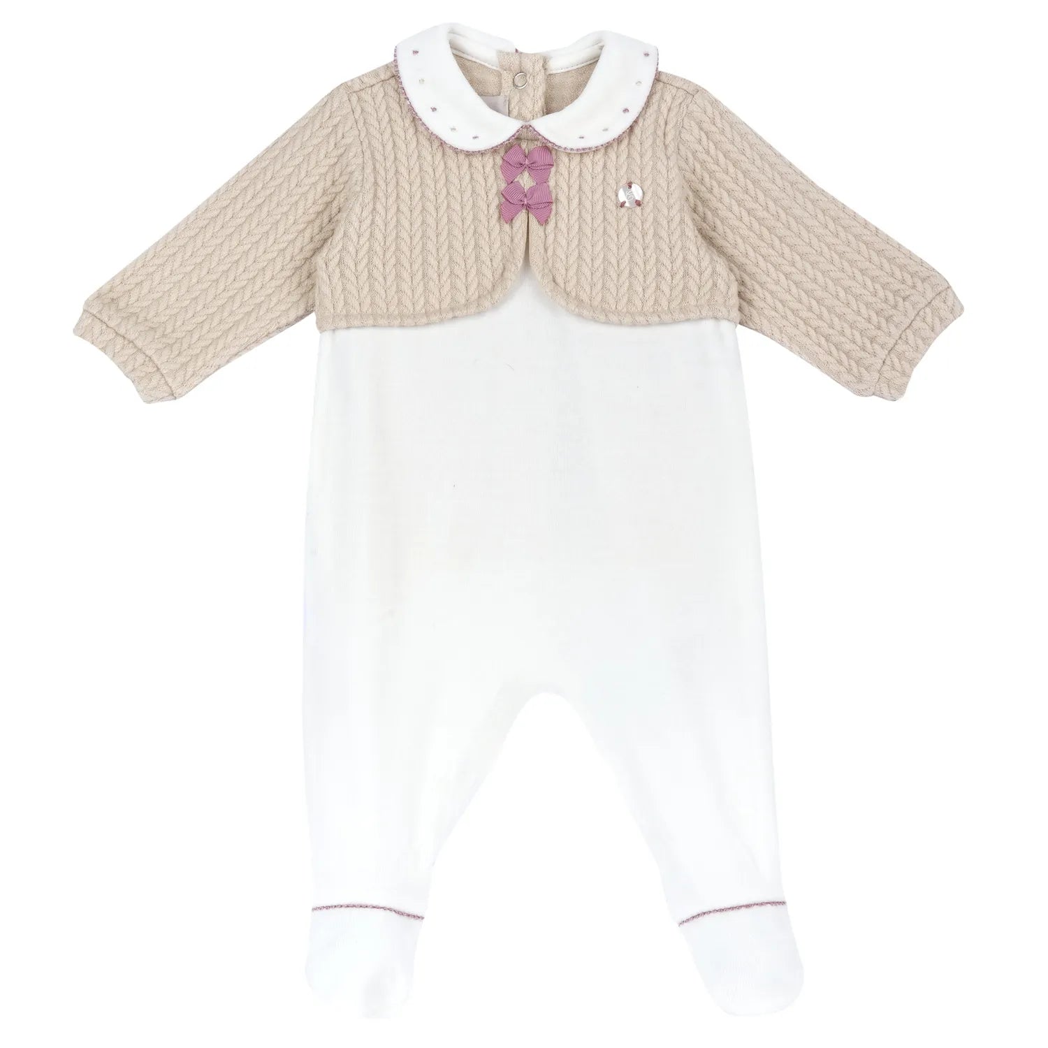 Girls White &amp; Beige Embellished Nappy Opening Babysuit