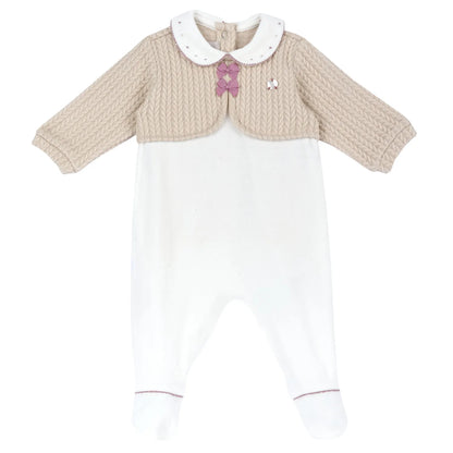 Girls White &amp; Beige Embellished Nappy Opening Babysuit