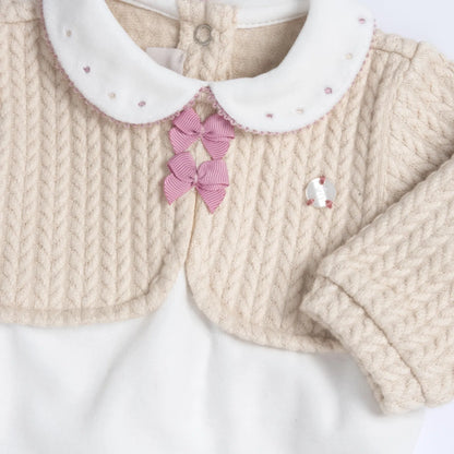 Girls White &amp; Beige Embellished Nappy Opening Babysuit