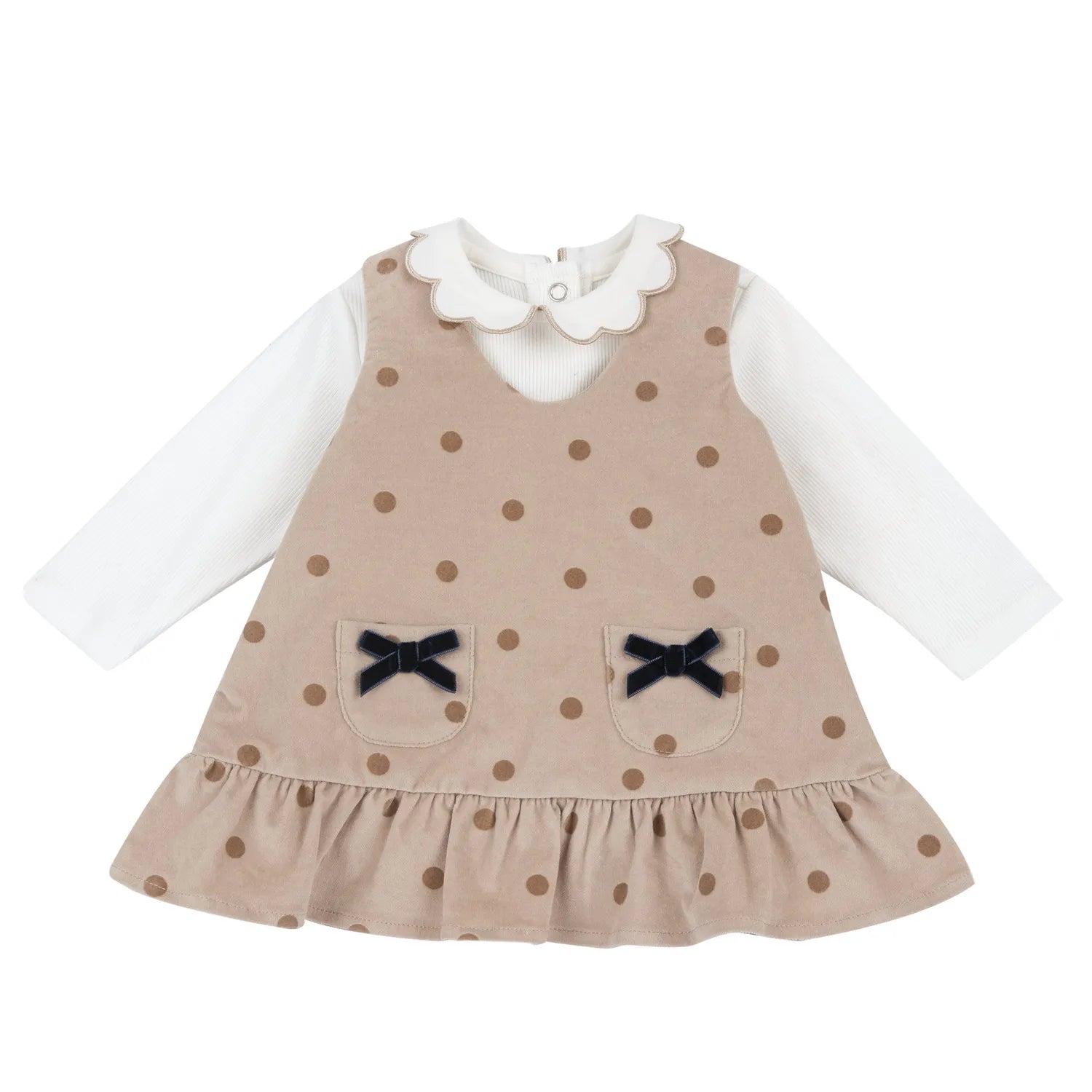 Girls White &amp; Beige Polka Dot Printed T-shirt with Dress
