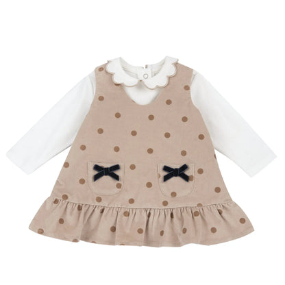 Girls White &amp; Beige Polka Dot Printed T-shirt with Dress