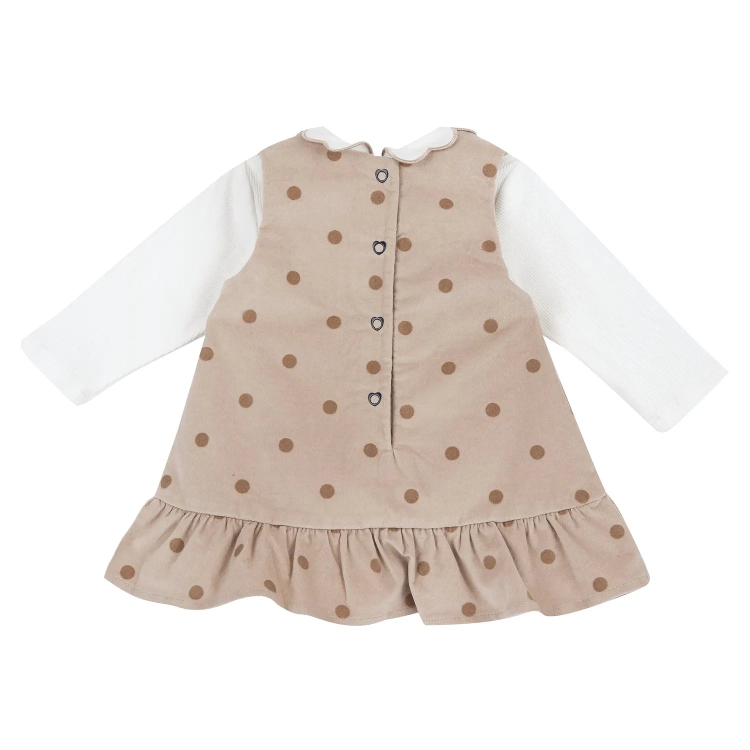 Girls White &amp; Beige Polka Dot Printed T-shirt with Dress